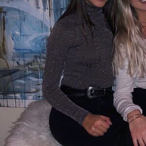 Free People Taupe Gray Sparkle Fitted Long Sleeve Bodysuit